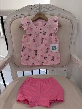🤍 3~6 Mth Baby Girl Pink Minnie Mouse Floral Two-Piece Set 100% Cotton NWT